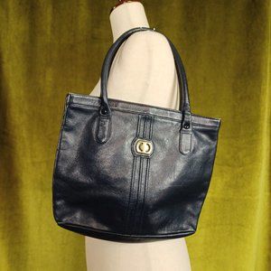 Vintage Navy Leather Satchel Tote, 9” x 12”